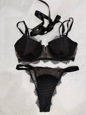Victoria's Secret Black Lace Balconette Bra & Thong Set with Ribbon Detail
